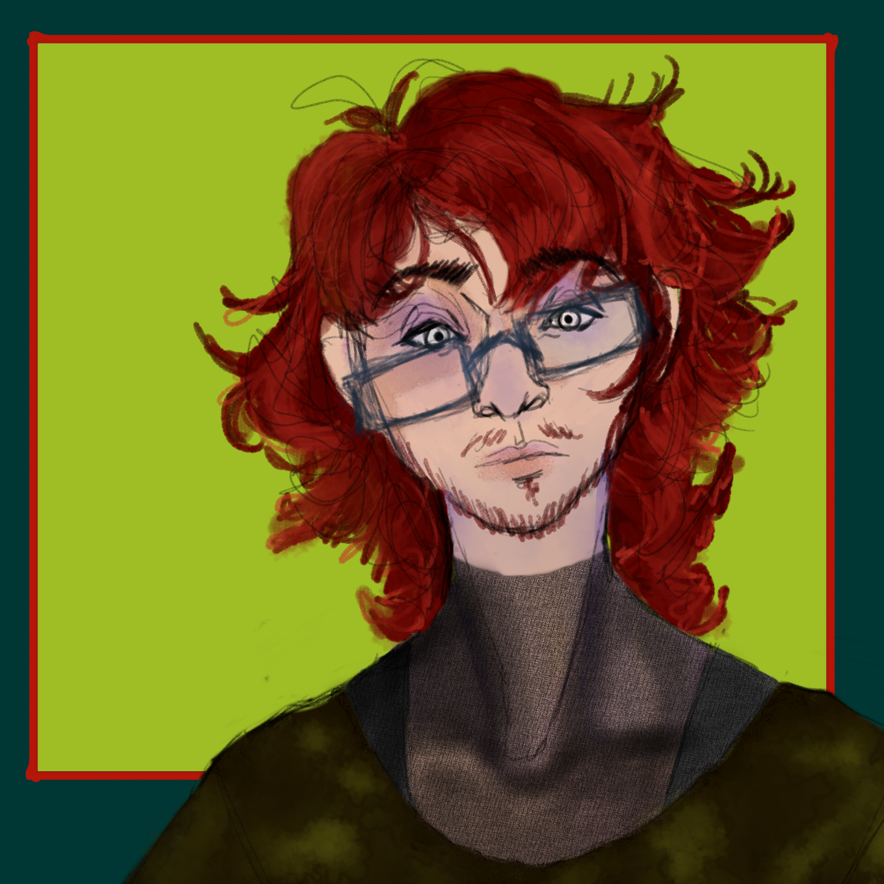 Front-facing portrait of Rowan Greene. He has a long, red, shaggy hair and silvery-gray eyes behind a pair of glasses. His pale skin is purply in areas where he bruises more easily. He is wearing a camo-green t-shirt over a mesh top and blue binder. He looks tired, and his glasses have partially fallen off his face.